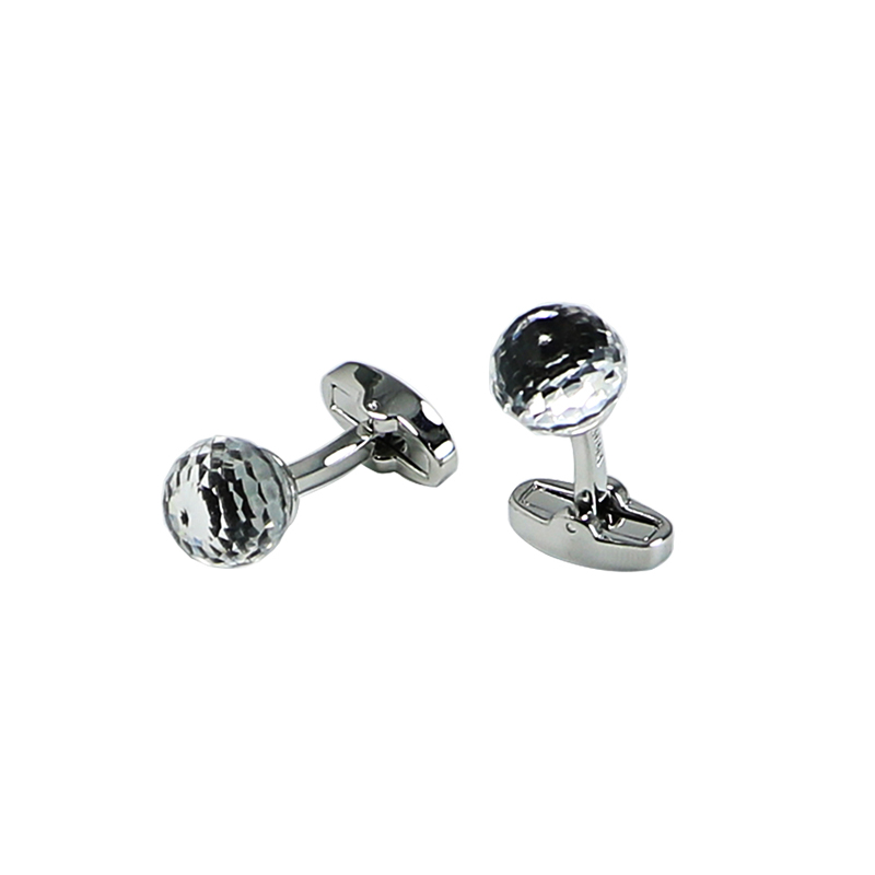 Crystal Round Facet Ball Silver Men's Cuff Links